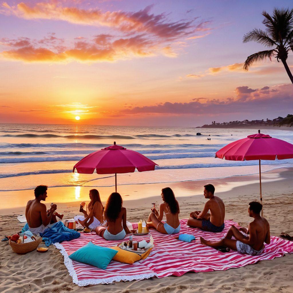 A serene beach scene at sunset, featuring a diverse group of friends joyfully sharing a summer picnic on the sand, vibrant beach towels spread out with delicious food, laughter in the air. In the background, gentle waves kiss the shore, while colorful beach umbrellas and surfboards hint at fun activities. Warm, inviting tones of orange and pink fill the sky, capturing the essence of a perfect summer evening. super-realistic. vibrant colors. sunset ambiance.