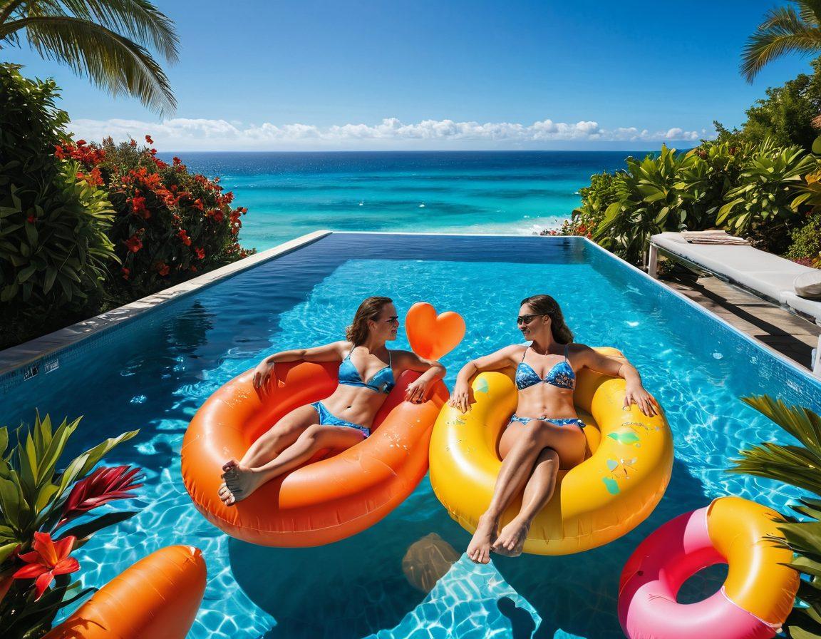 A romantic couple splashing playfully in a vibrant blue pool, surrounded by colorful floaties, tropical plants, and sun-kissed sun loungers. The scene captures a sunny summer day with bright swimwear adorned with heart patterns and adventure gear like snorkels and beach bags. Above them, a clear sky transitions to a sunset glow, symbolizing love and adventure. The image should embody joy, romance, and summer bliss. super-realistic. vibrant colors. summer theme.