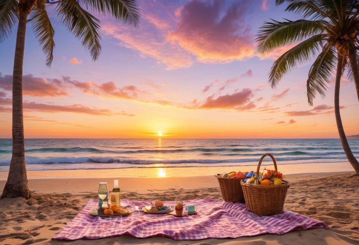 A picturesque beach at sunset with golden sands and gentle waves, where a couple walks hand-in-hand, surrounded by tropical palm trees and vibrant beach umbrellas. An inviting picnic setup with a checkered blanket, wine glasses, and a basket filled with treats, inviting warmth and romance. Soft pastel colors illuminating the sky, reflecting on the water. super-realistic. vibrant colors. peaceful atmosphere.